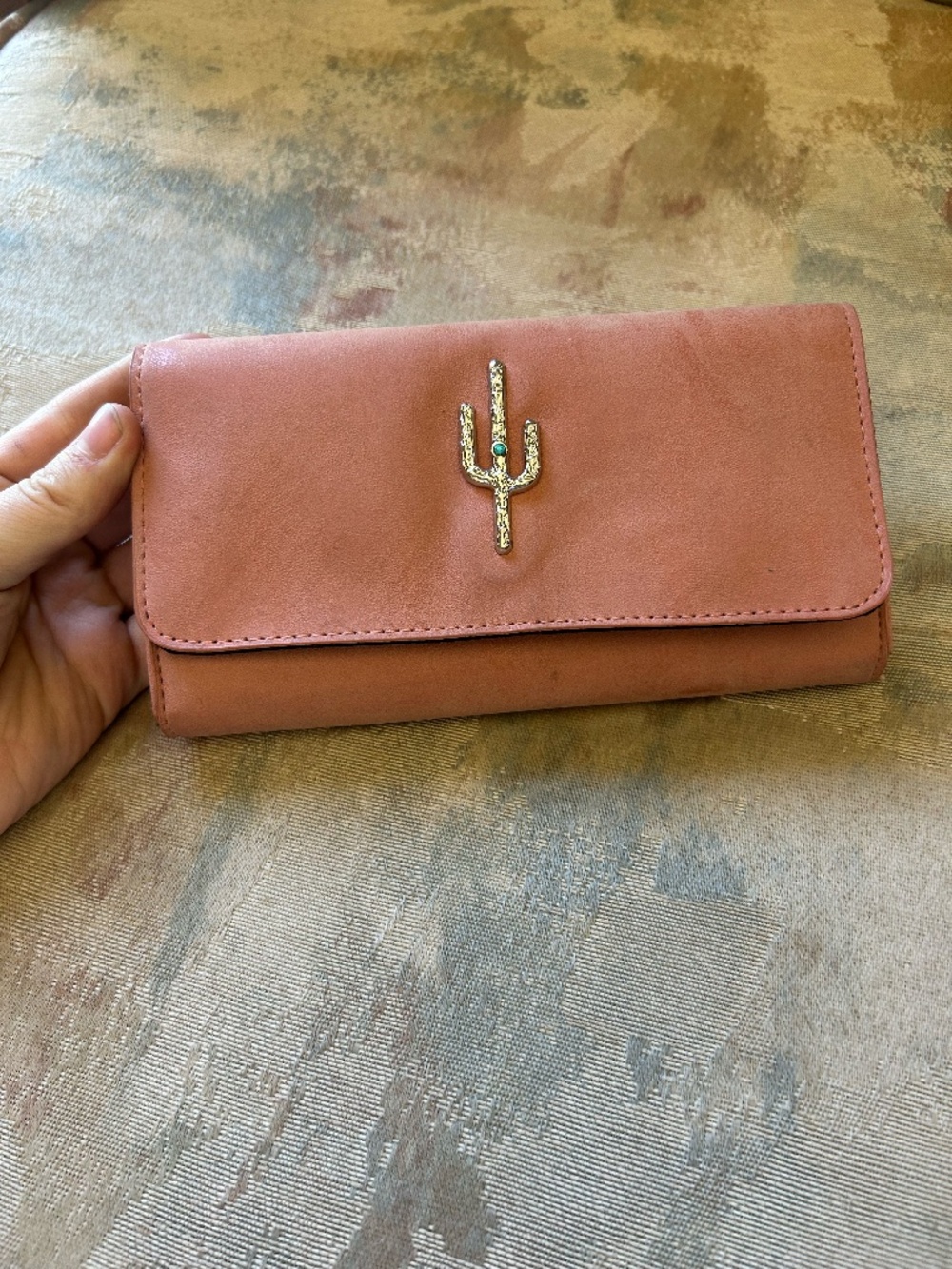 dusty rose wallet with silver cactus detail + turquoise gem - basically new